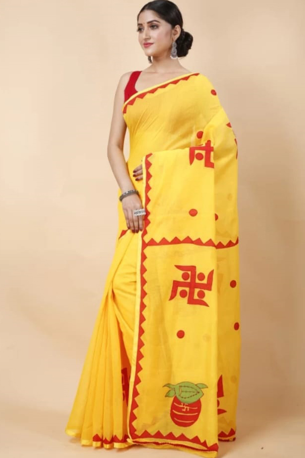 Yellow Red Blended Cotton Albela Hand Painted Saree (9002)